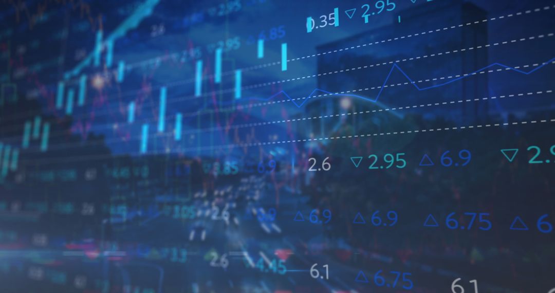 Digital Stock Market Overlay with Cityscape Background