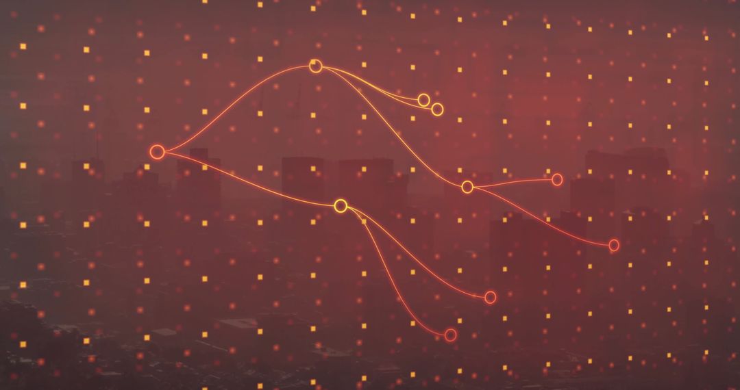 Futuristic Red-Tinted Skyline Under Digital Grid and Network