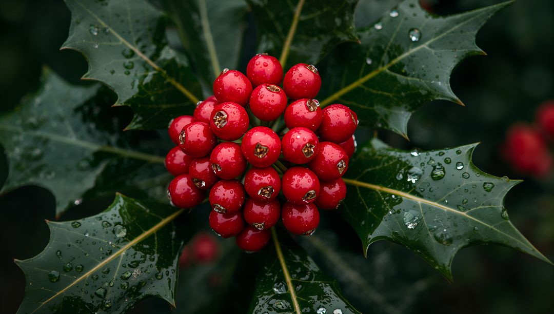 Glistening Red Holly Berry Cluster with Dew on Glossy Spiny Leaves, Macro Detail