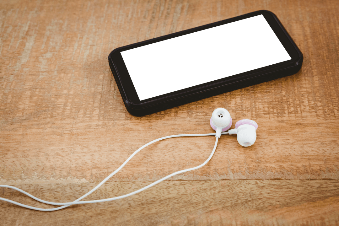 Transparent Smartphone with White Headphones Classic Setup