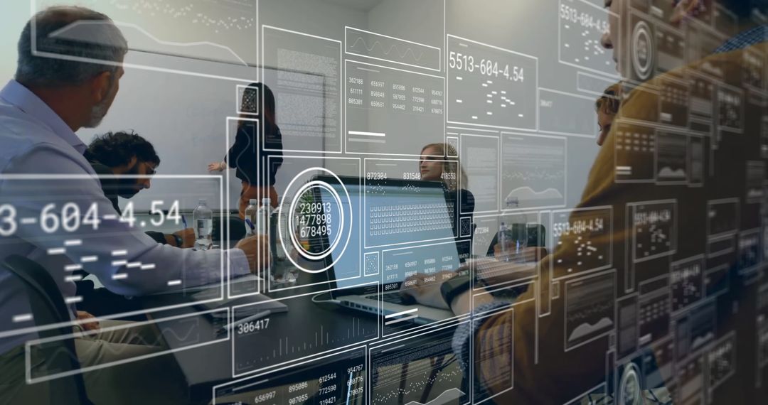 Business Team Analyzing Data with AI and Digital Interfaces