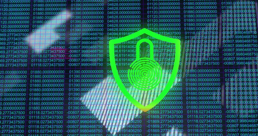Green Shield Padlock Fingerprint Overlay Symbolizing Cybersecurity and Biometric Login