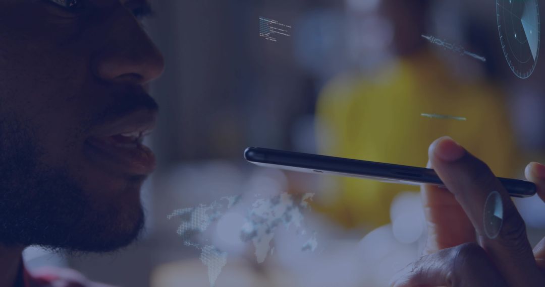 Man speaking into smartphone, displaying AR HUD, world map and voice assistant interface