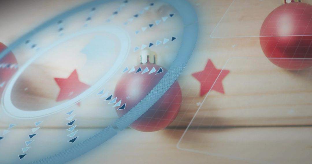 Showcasing glossy red baubles with translucent blue overlay on wooden plank with stars