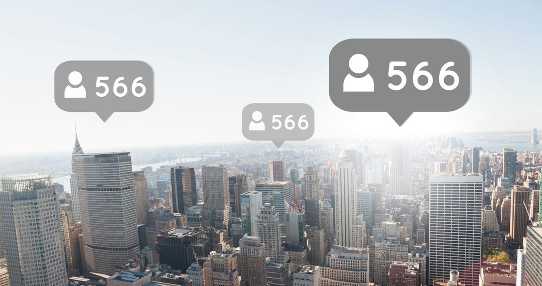 Social media icons above modern city skyline