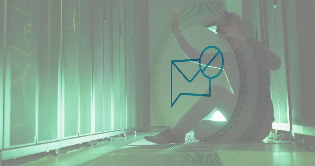 Engineer in VR Headset Facing Cyber Security Challenge in Server Room