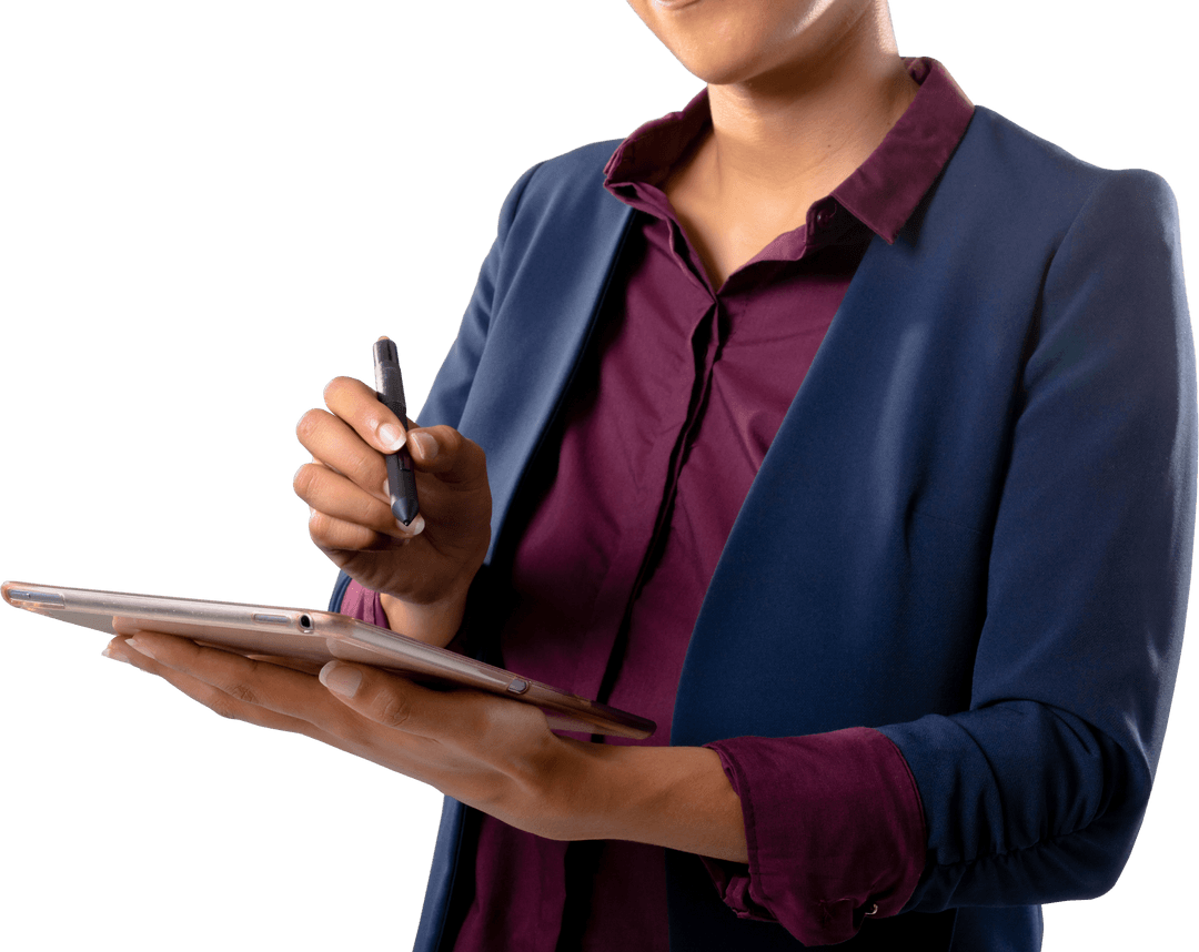 African American Businesswoman Using Tablet on Transparent Background