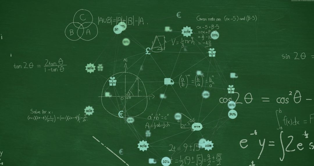 Digital Network and Mathematical Equations on Green Chalkboard
