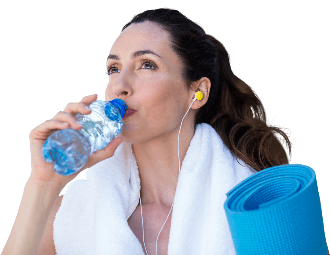 Transparent Fit Woman Hydrating After Exercise With Yoga Mat And Earbuds