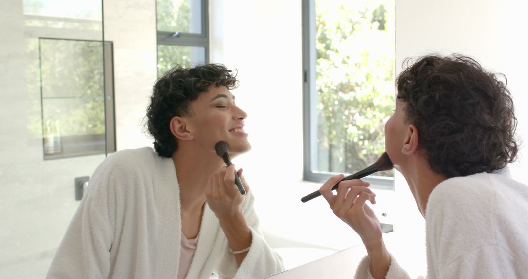 Man Practicing Self-Care with Motivation in Home Bathroom