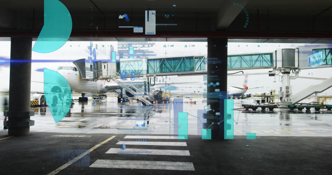 Futuristic Data Analytics Overlaid on Busy Airport Terminal