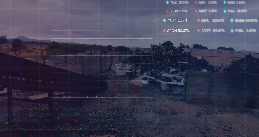 Stock Data Overlay on Scrap Yard Aerial View Illustrating Economy