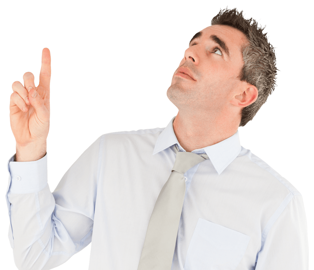 Transparent Businessman Pointing Upward for Directions