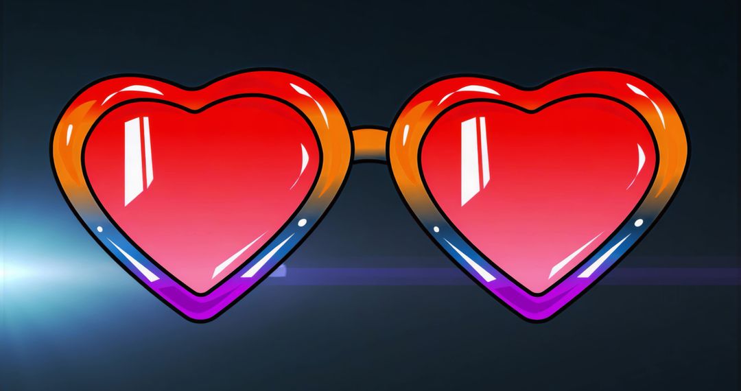 Showing heart-shaped sunglasses with orange-purple gradient frame and red lenses