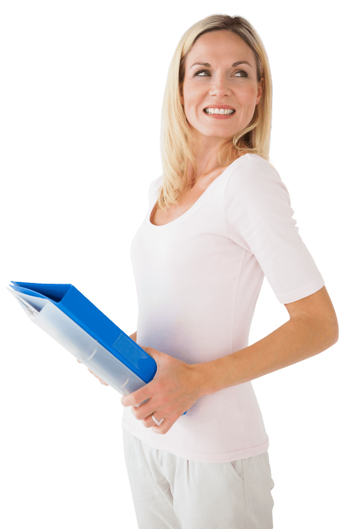 Smiling Woman Holding Blue Document Folders on Transparent Background