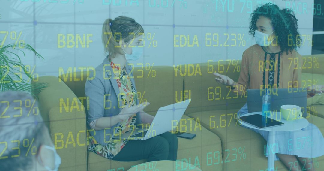 Colleagues Collaborating in Office with Digital Stock Update Overlay