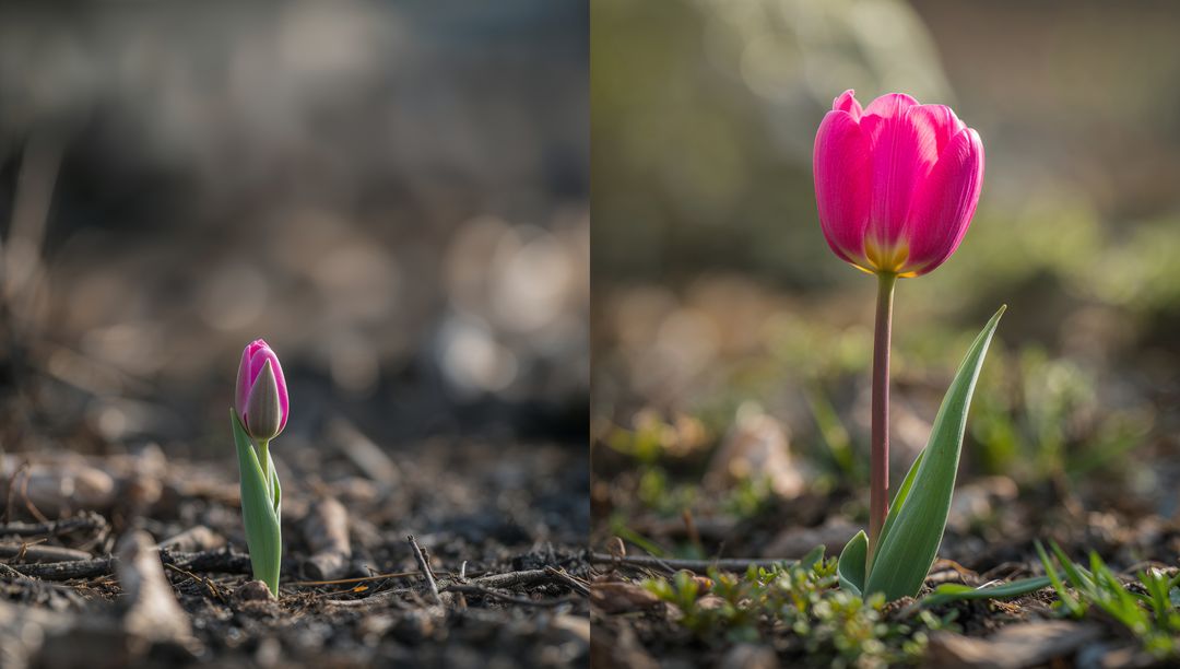 Pink Tulip Bud Growing into Bloom Diptych Close-Up with Soft Bokeh