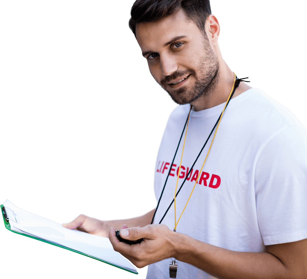 Transparent Background: Male Lifeguard Instructor with Clipboard