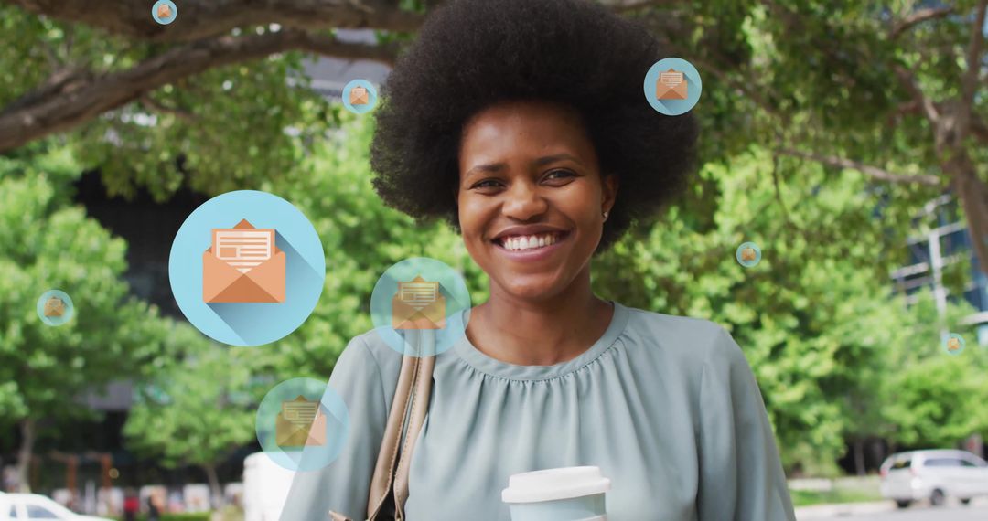 Smiling African American Woman with Digital Communication Overlay in Park