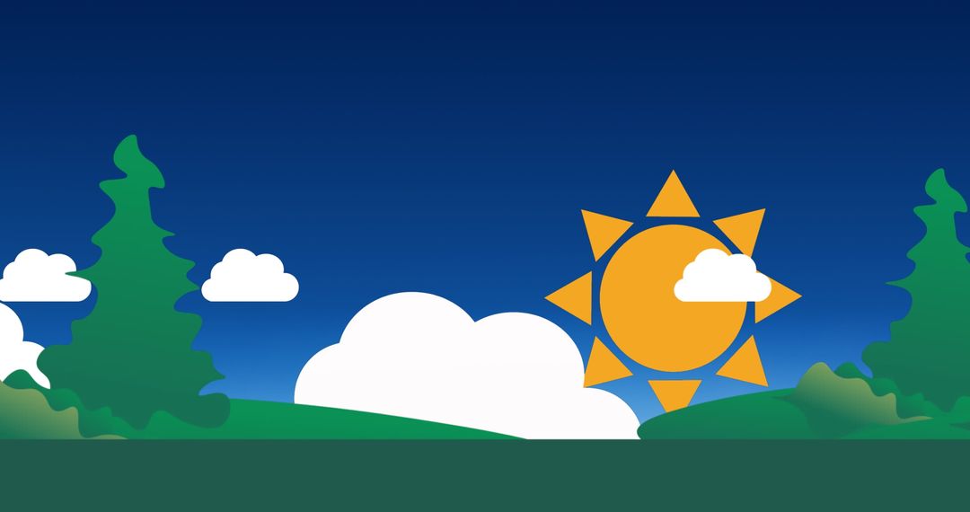 Bright Sun over Cartoon Hills with Clouds and Trees