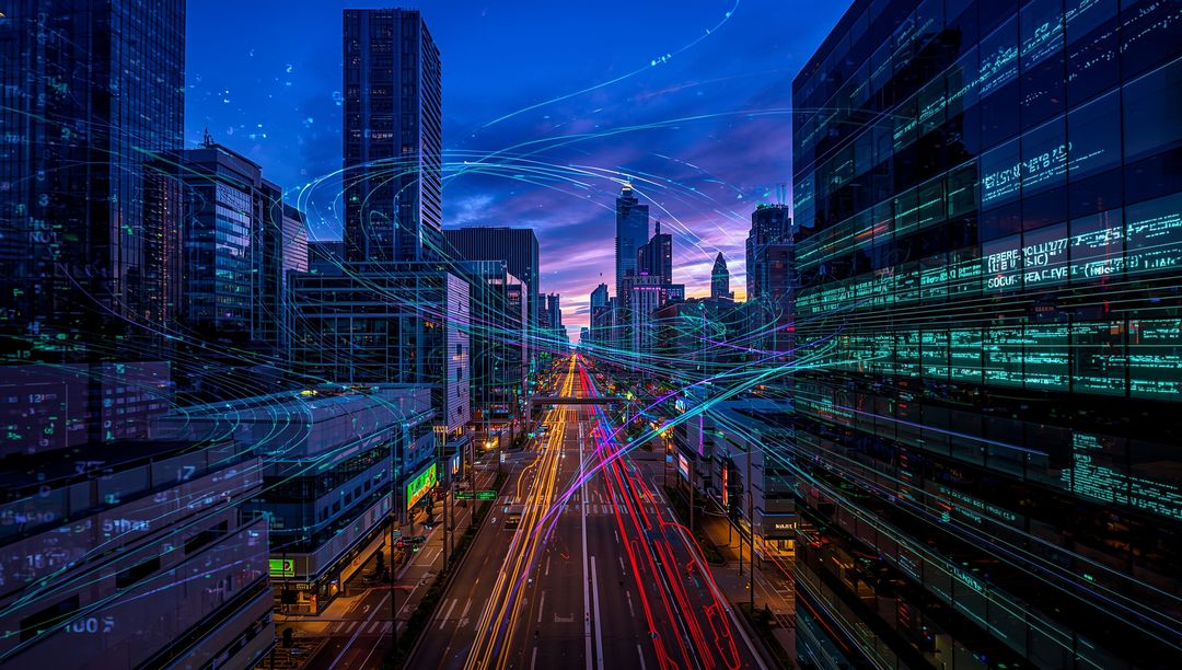 Futuristic City Nightscape with Digital Trails and Data Streams