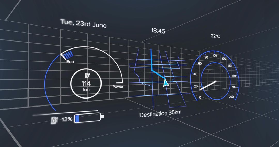 Futuristic vehicle HUD projecting holographic navigation, range and speed on 3D grid