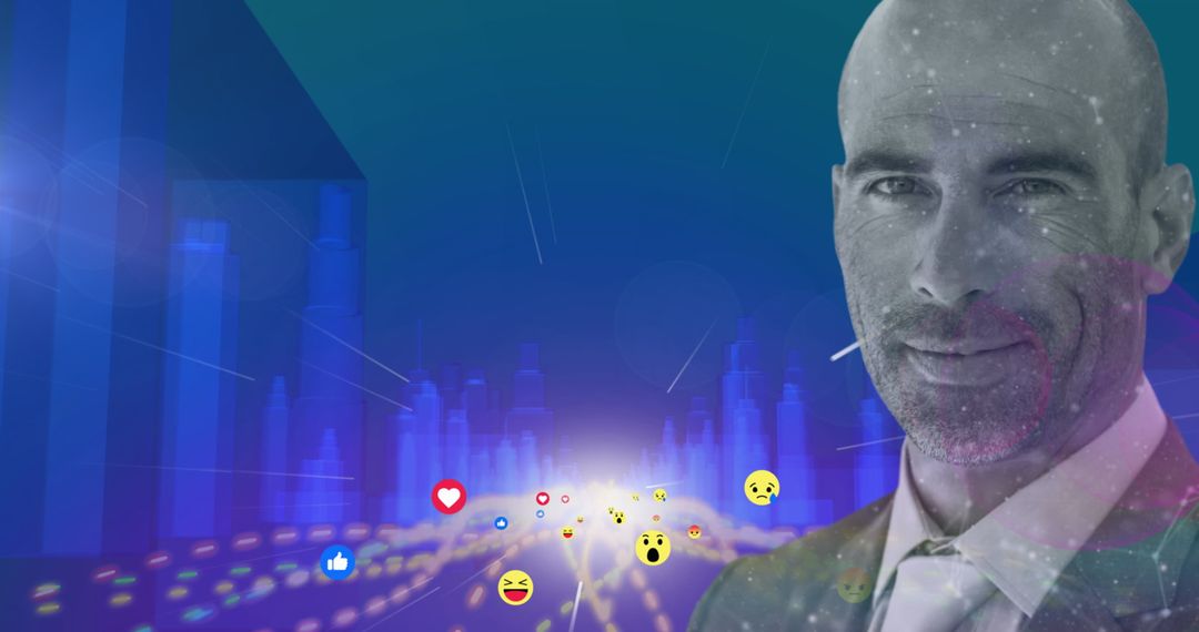 Businessman Concept with Emoticons and Futuristic Cityscape