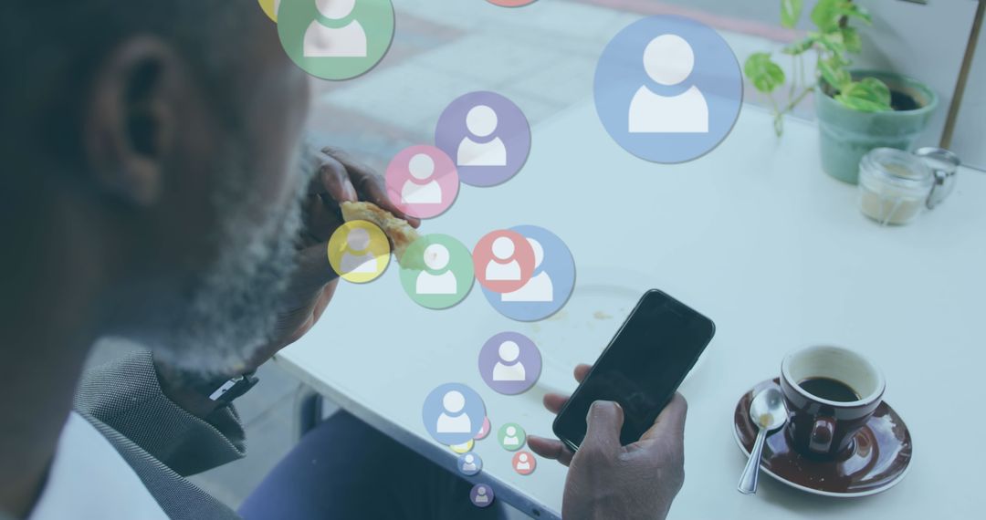 Man Enjoying Coffee and Smartphone with Digital Networking Icons