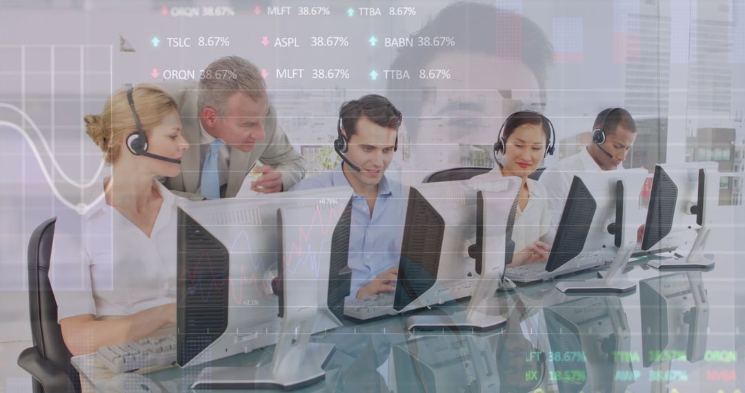 Diverse Team Analyzing Financial Data with Technology Interface