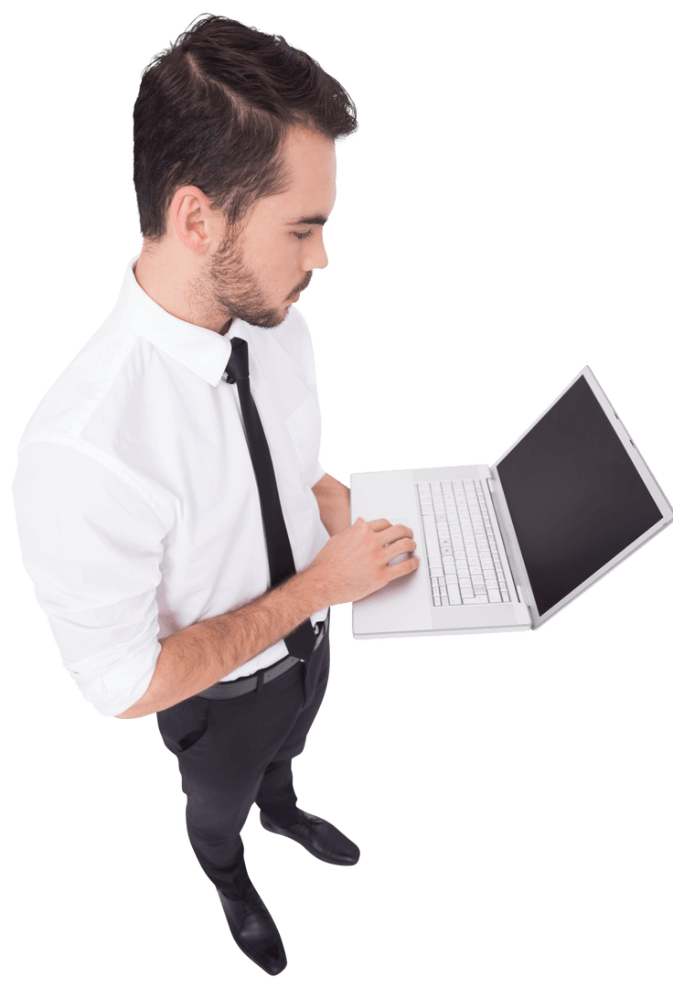 Transparent Overview of Businessman Using Laptop Checking Data