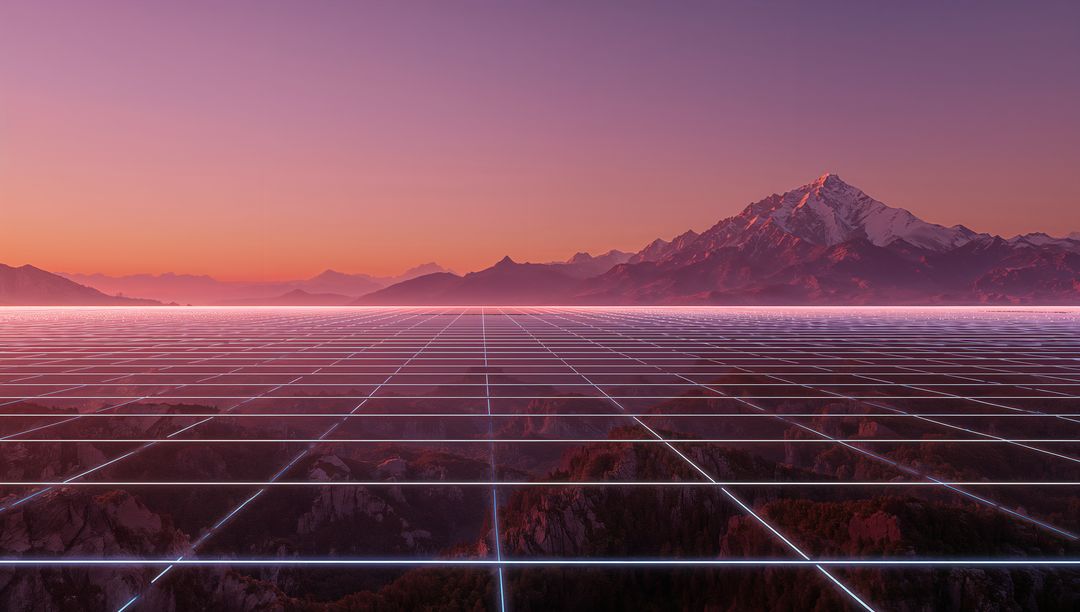 Neon Grid Extending Over Mountain Valley at Sunset Synthwave Retro Futurism Landscape