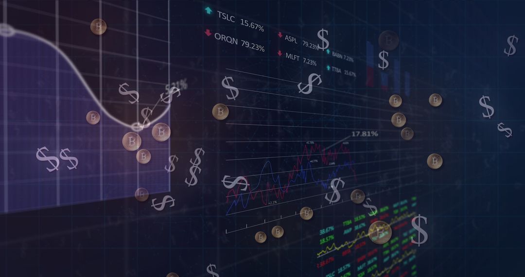 Financial Data Analysis with Bitcoin and Dollar Signs on Blue Background