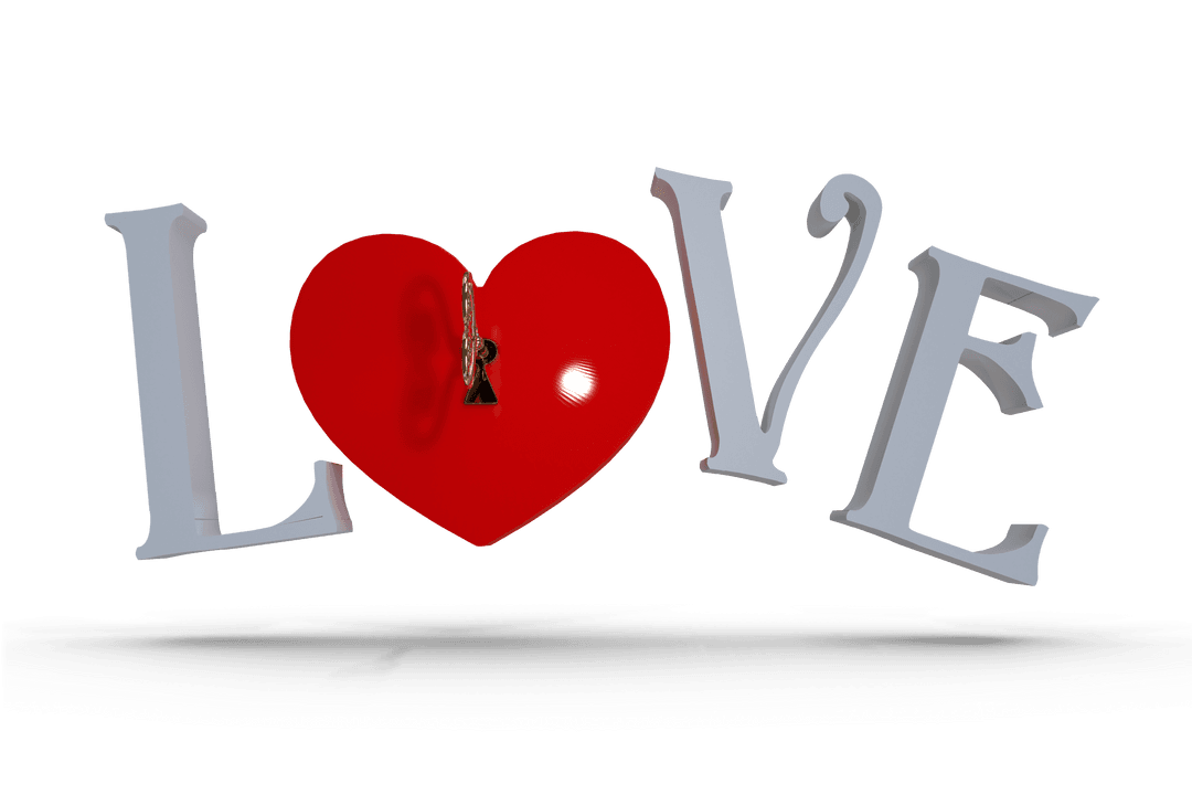Love Word Text in Gray with Key to Red Heart on Transparent Background