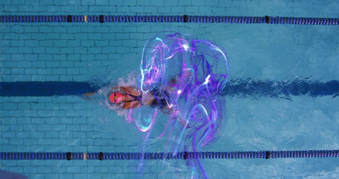 Swimmer in Action with Futuristic Light Effects