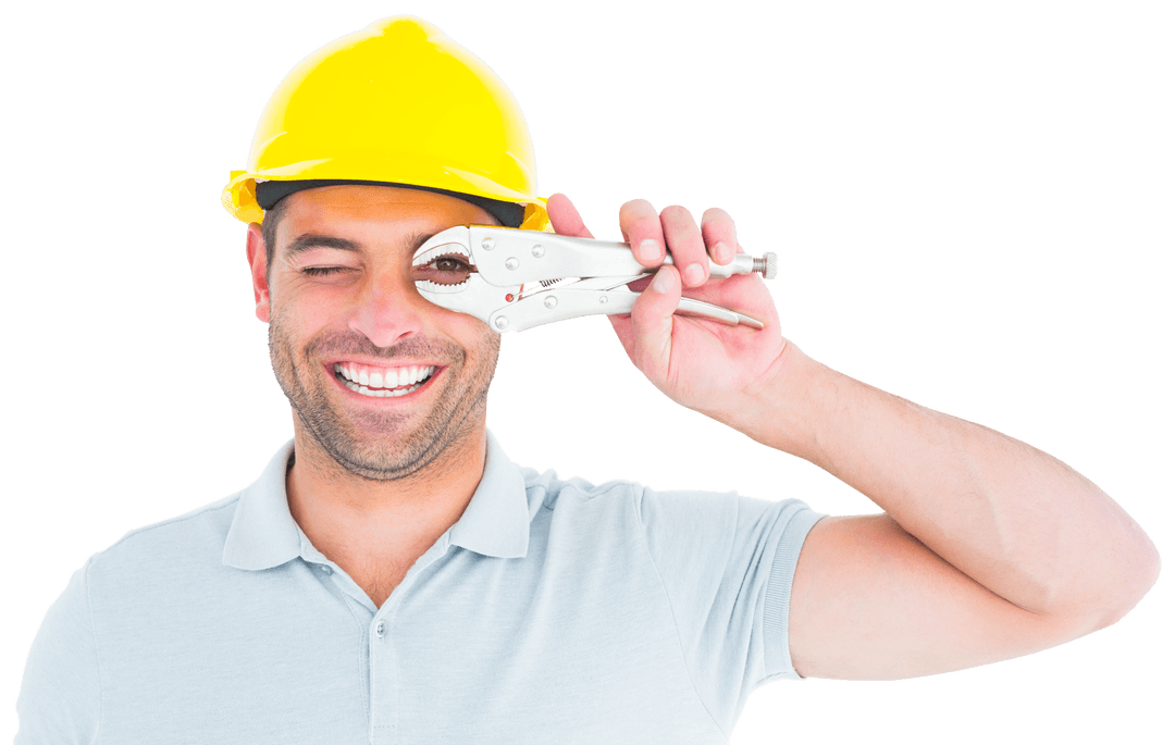 Joyful Handyman Looking Through Pliers on Transparent Background