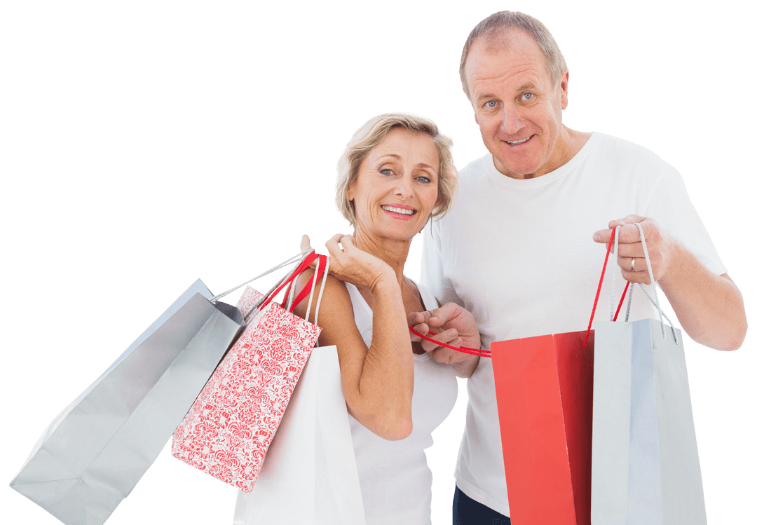 Cheerful Caucasian Couple Shopping with Bags Isolated on Transparent Background