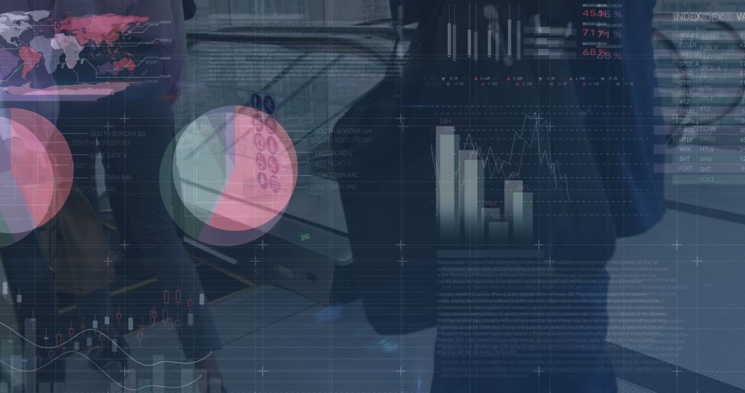 Digitally Beamed Financial Charts Over Businessman on Moving Escalator