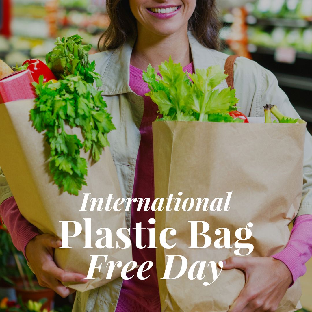 Smiling Woman Holding Paper Bags on Plastic Bag Free Day