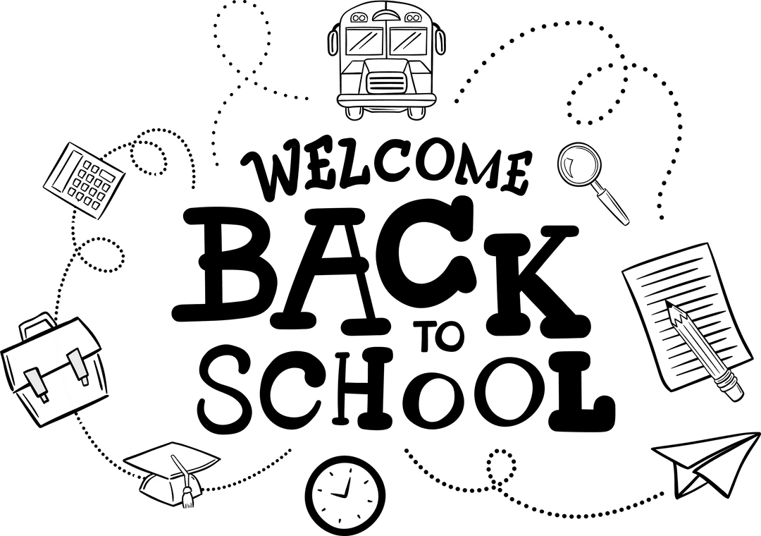 Welcome Back to School Text with Educational Icons on Transparent Background