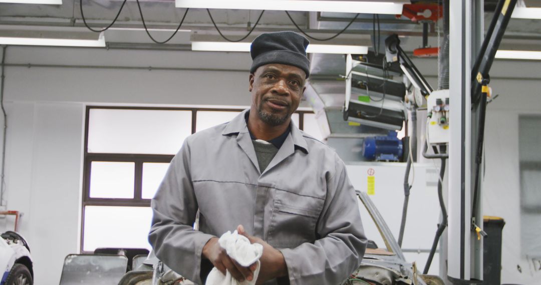 African American Mechanic Tidying Hands in Auto Workshop