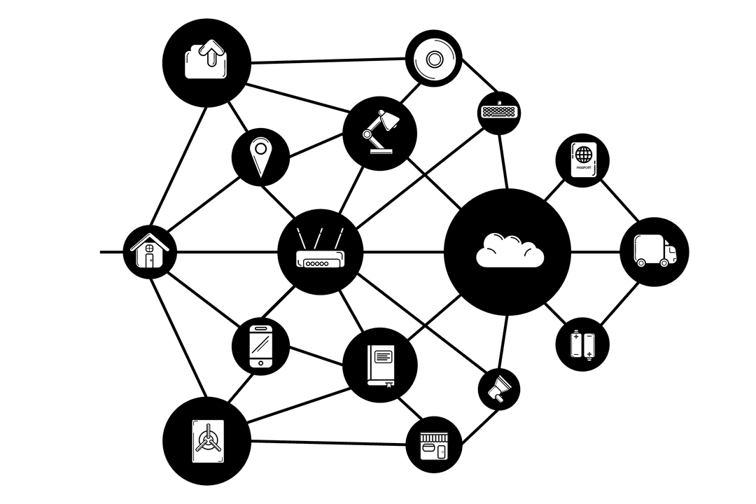 Transparent Network Connections Illustration with Devices and Symbols