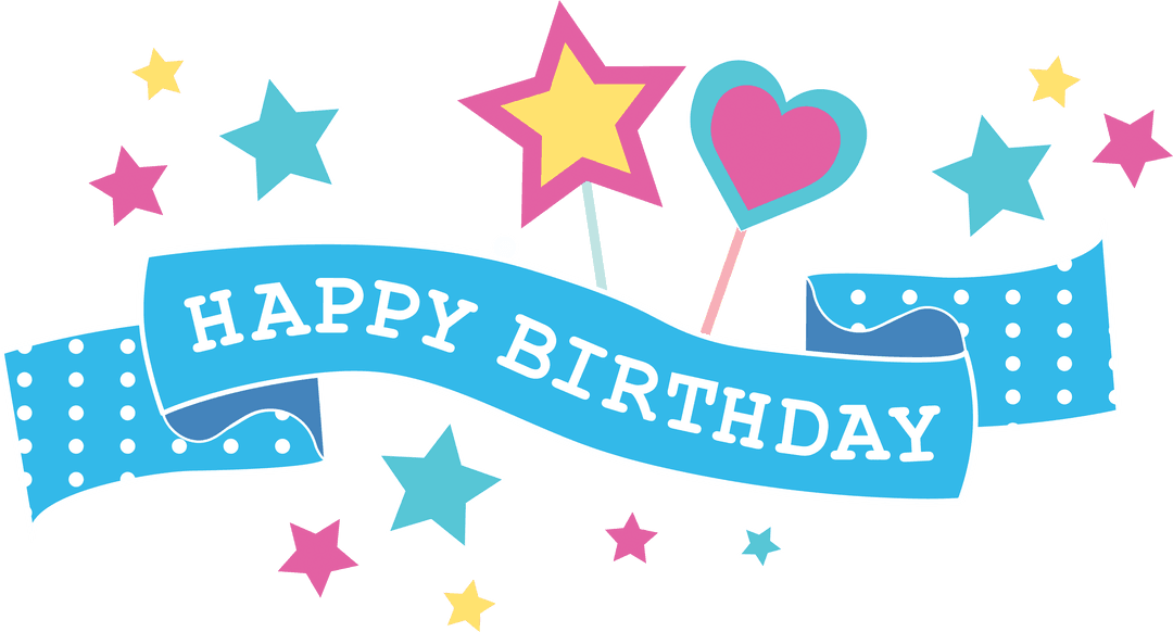 Happy Birthday Celebration Banner with Stars and Hearts on Transparent Background