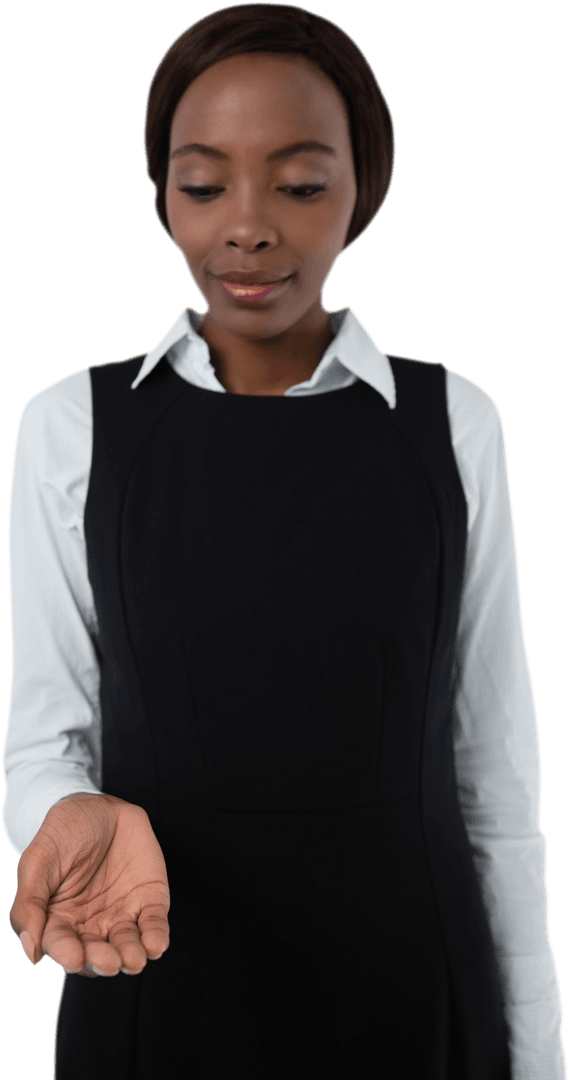 Smiling Businesswoman Holding Object on Shop scene transparent Overlay