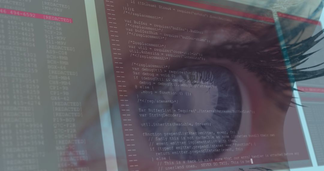 Close-up of Human Eye Overlaid with Scrolling Code Lines