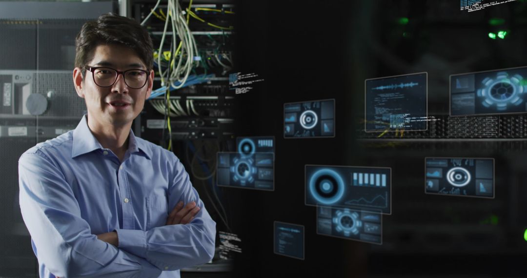 Asian Businessman Overseeing Data Processing Center