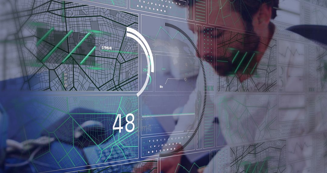 Analyst Examines Holographic Data and Maps in High-Tech Control Room