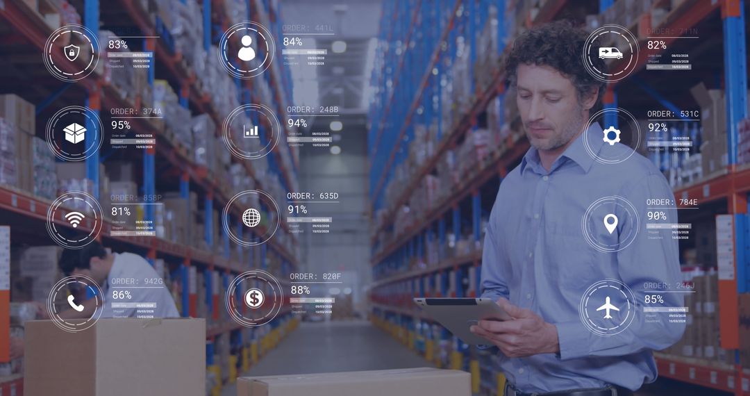 Warehouse Worker Analyzing Supply Chain Data with Technology