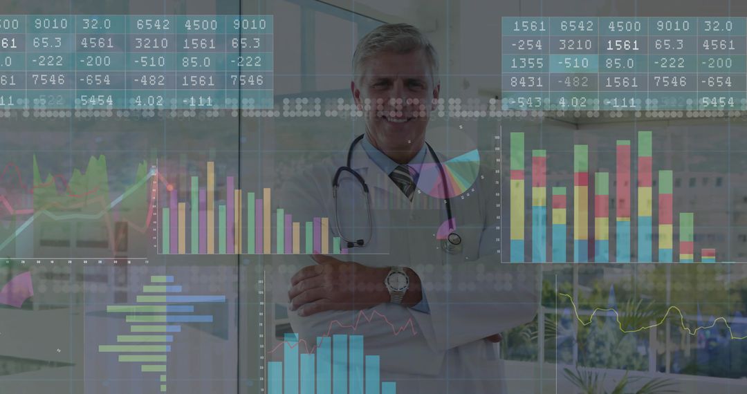 Senior Doctor Evaluating Digital Health Data on Transparent Charts
