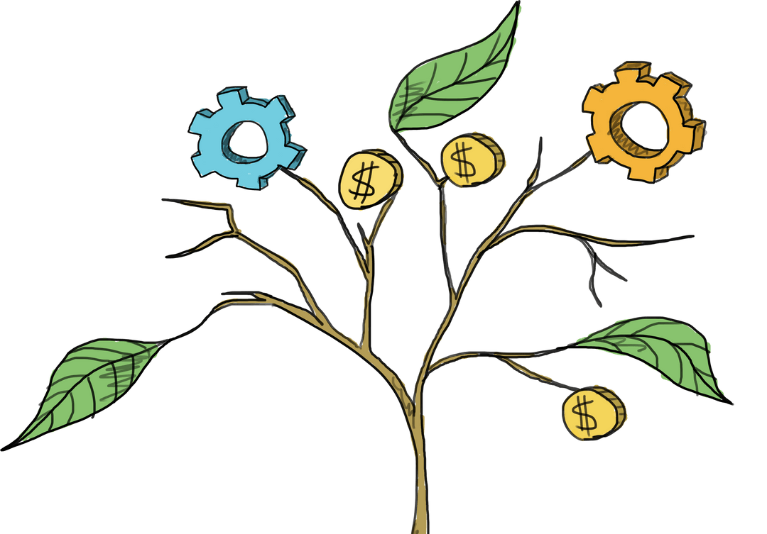 Financial Growth Tree with Cogs and Coins, Transparent PNG Vector