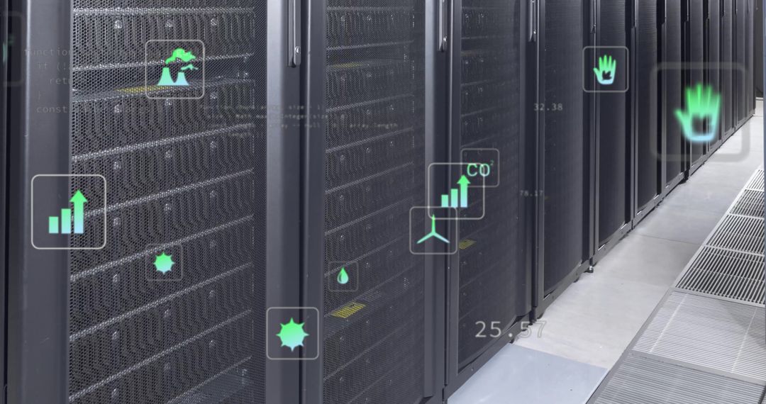 Ecology Icons Overlay on Data Server Room Visualizing Sustainable Technology
